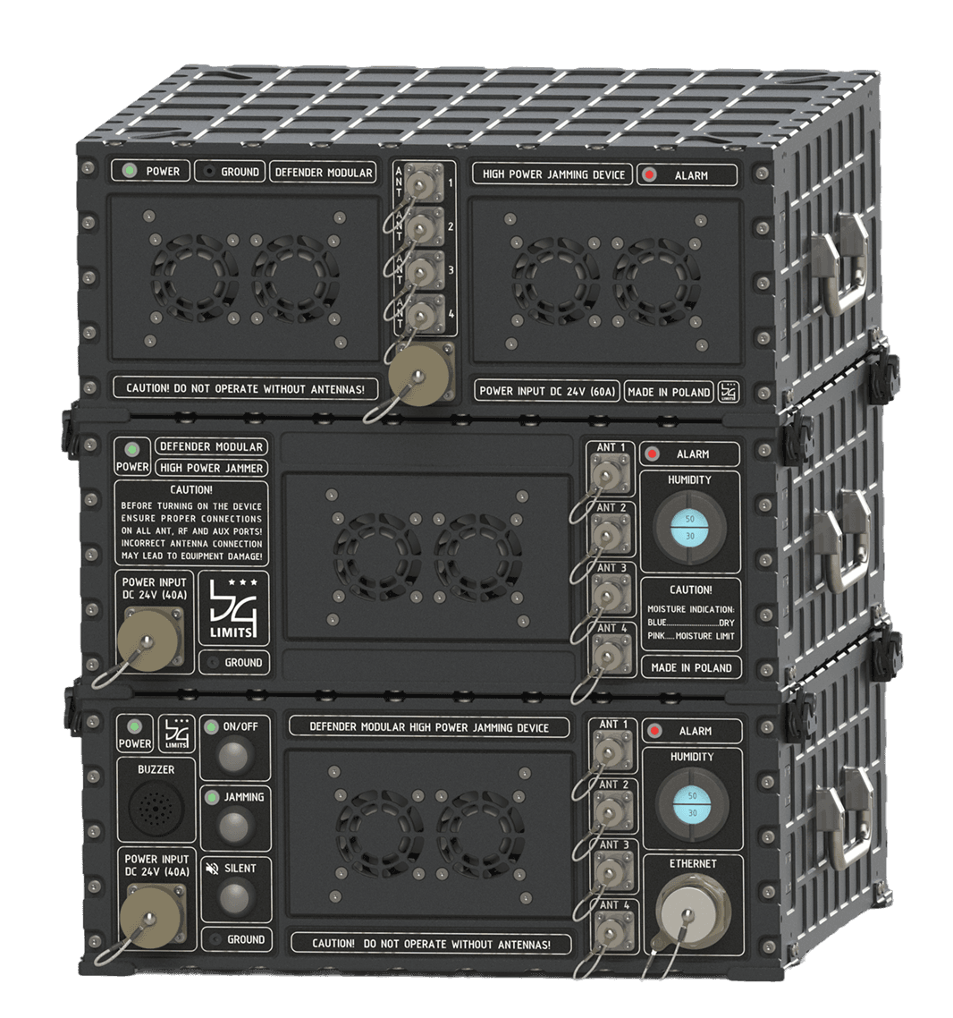 Defender WB6600M3G modular jammer — three-module counter-UAS configuration with extended RF power