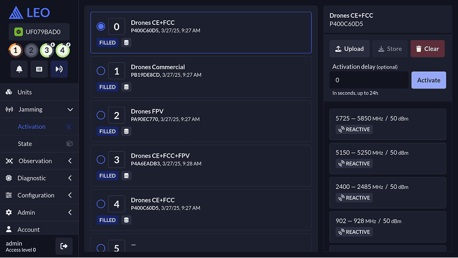Leo software interface — jamming profile activation showing uploaded profiles with configured frequency ranges and parameters